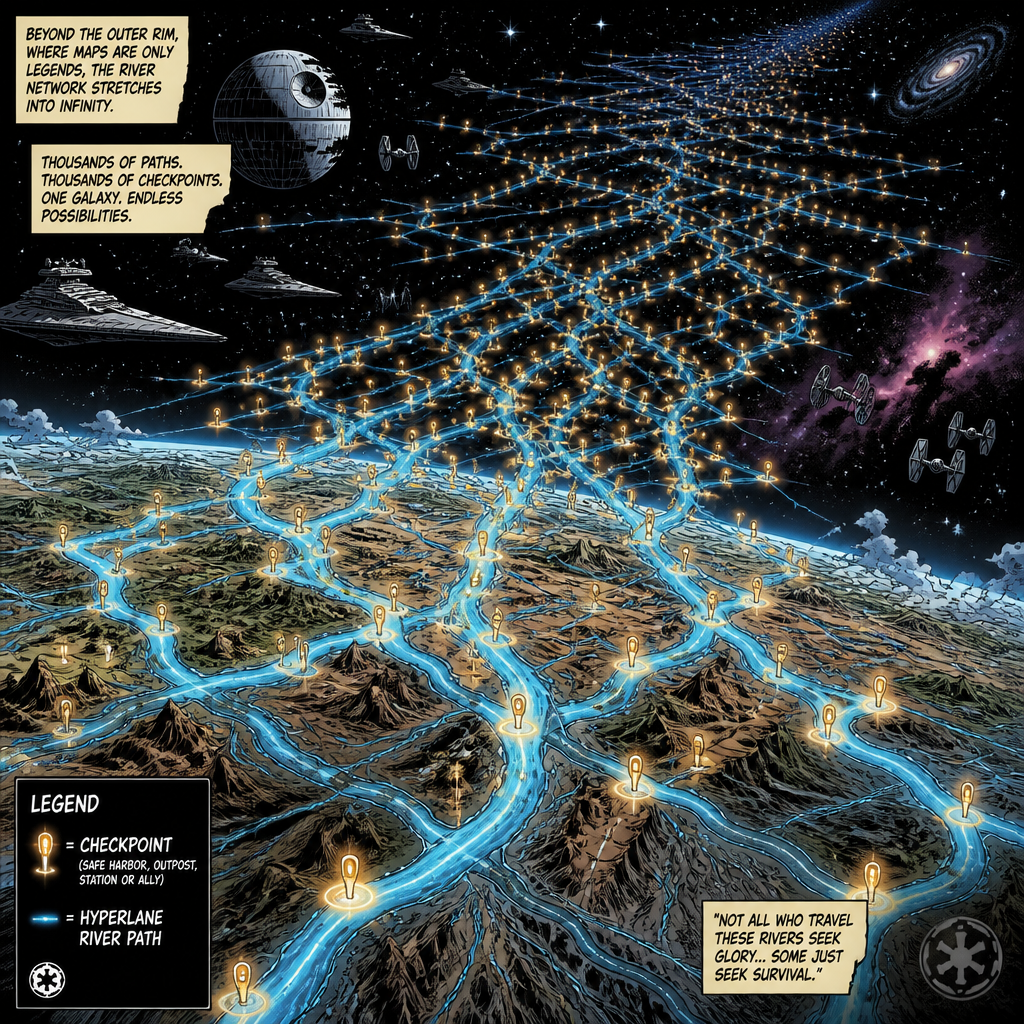 Comic map text: “Beyond the outer rim, where maps are only legends, the river network stretches into infinity.” “Thousands of paths. Thousands of checkpoints. One galaxy. Endless possibilities.” Legend: checkpoint means safe harbor, outpost, station or ally; hyperlane river path. “Not all who travel these rivers seek glory... some just seek survival.”